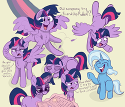 Size: 3464x2964 | Tagged: safe, artist:doodledonutart, trixie, twilight sparkle, alicorn, bicorn, pony, unicorn, g4, book, duo, duo female, eager, feather, female, glasses, high res, horn, laughing, mare, multeity, multiple horns, sleeping, sparkle sparkle sparkle, speed trail, twilight sparkle (alicorn), unicorn twilight