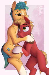 Size: 2547x3836 | Tagged: safe, artist:uliovka, hitch trailblazer, sprout cloverleaf, earth pony, pony, g5, blaze (coat marking), coat markings, colored hooves, facial markings, gay, high res, hug, male, one eye closed, purple background, ship:clovertrail, shipping, simple background, socks (coat markings), stallion