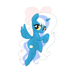 Size: 1024x1024 | Tagged: safe, artist:riofluttershy, oc, oc only, oc:fleurbelle, alicorn, pony, alicorn oc, bow, female, flying, full body, hair bow, hooves, horn, mare, simple background, smiling, solo, spread wings, tail, two toned mane, two toned tail, white background, wings, yellow eyes
