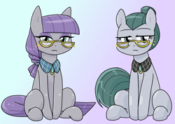 Size: 1117x790 | Tagged: safe, alternate version, artist:batipin, part of a set, cloudy quartz, maud pie, earth pony, pony, alternate hairstyle, blue background, duo, duo female, female, glasses, gradient background, lidded eyes, looking at you, mare, mother and child, mother and daughter, purple background, simple background, sitting