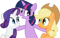 Size: 3083x1946 | Tagged: safe, artist:the-crusius, applejack, rarity, twilight sparkle, earth pony, pony, unicorn, g4, look before you sleep, applejack's hat, cowboy hat, female, hat, looking at each other, looking at someone, mare, simple background, sleepover, transparent background, trio, trio female, unicorn twilight, vector