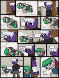 Size: 1750x2333 | Tagged: safe, artist:99999999000, oc, oc only, oc:firearm king, oc:li anna, earth pony, pony, comic:journey, bed, clothes, comic, crying, door, female, male, pillow, sad