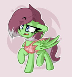 Size: 1848x1962 | Tagged: safe, artist:nekro-led, oc, oc only, oc:watermelon success, pegasus, pony, abstract background, clothes, confused, dress, female, freckles, mare, raised leg, shading, simple background, solo