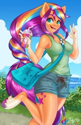 Size: 792x1224 | Tagged: safe, artist:inkkeystudios, sunny starscout, earth pony, anthro, unguligrade anthro, g5, bag, clothes, cup, drink, female, nail polish, open mouth, open smile, peace sign, purse, smiling, smoothie, solo, unshorn fetlocks