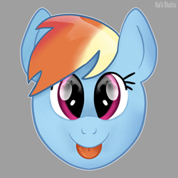 Size: 2000x2000 | Tagged: safe, artist:kaifurry, derpibooru exclusive, rainbow dash, pegasus, pony, g4, :p, bust, cute, dashabetes, gray background, high res, simple background, solo, symmetrical, tongue out, watermark, wide eyes