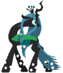 Size: 720x840 | Tagged: safe, artist:minus, derpibooru exclusive, queen chrysalis, changeling, changeling queen, pony, canterlot wedding 10th anniversary, g4, angry, ears back, female, flexible, looking back, pixel art, simple background, solo, transparent background