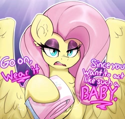 Size: 3495x3324 | Tagged: safe, artist:crnklbox, fluttershy, pegasus, pony, g4, chest fluff, dialogue, diaper, ear fluff, eyelashes, eyeshadow, fangs, flutterbitch, flutterdom, fluttermom, graveyard of comments, high res, looking at you, makeup, sharp teeth, solo, spread wings, talking to viewer, teeth, wings