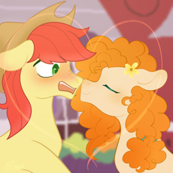 Size: 2048x2048 | Tagged: safe, artist:fnails, artist:fourteennails, bright mac, pear butter, earth pony, pony, g4, about to kiss, blushing, blushing profusely, boop, canon ship, duo, embarrassed, eyes closed, female, flower, flower in hair, heart, high res, male, mare, noseboop, nuzzling, ship:brightbutter, shipping, stallion, straight