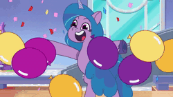 Size: 1280x720 | Tagged: safe, screencap, izzy moonbow, pipp petals, sunny starscout, zipp storm, earth pony, pegasus, pony, unicorn, g5, it's t.u.e.s. day, my little pony: tell your tale, spoiler:tyts01e09, animated, balloon, blah, chanting, cute, excited, female, happy, izzybetes, mane stripe sunny, mare, sound, stairs, webm