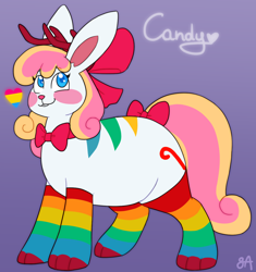 Size: 1090x1161 | Tagged: safe, artist:greenarsonist, oc, oc only, oc:candy🍭, jackalope, bow, bowtie, chubby, clothes, fat, hair bow, horns, pansexual, pansexual pride flag, pride, pride flag, pride socks, rainbow, rainbow socks, socks, striped socks, tail, tail bow