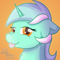 Size: 1000x1000 | Tagged: safe, artist:exobass, lyra heartstrings, pony, unicorn, g4, :p, bust, female, floppy ears, horn, lidded eyes, looking at you, mare, orange background, portrait, simple background, smug, solo, tongue out, watermark