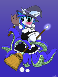 Size: 3000x4000 | Tagged: safe, artist:monycaalot, oc, oc:maeve seawind, monster pony, octopony, original species, broom, brush, clothes, commission, cute, duster, embarrassed, female, green eyes, hat, light skin, looking at you, maid, simple background, solo, tentacles, witch, witch hat