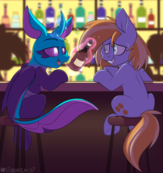 Size: 3086x3274 | Tagged: safe, artist:notetaker, oc, oc only, changedling, changeling, earth pony, pony, alcohol, changedling oc, changeling oc, drunk, earth pony oc, high res, stool