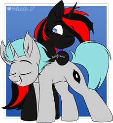 Size: 2194x2392 | Tagged: safe, artist:notetaker, oc, oc only, oc:lunar signal, oc:shadow sora, bat pony, bat pony unicorn, hybrid, pony, unicorn, back scratching, bat pony oc, duo, ear fluff, eyebrows, eyebrows visible through hair, eyes closed, grin, high res, hooves, horn, one eye closed, scratching, signature, simple background, smiling, two toned mane, unicorn oc