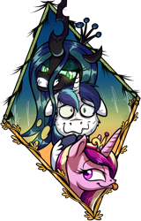 Size: 1380x2160 | Tagged: safe, artist:pirill, princess cadance, queen chrysalis, shining armor, alicorn, changeling, changeling queen, pony, unicorn, canterlot wedding 10th anniversary, g4, :p, bisexual, crown, eyeshadow, female, frame, grin, heartbeat, jewelry, lesbian, looking at you, makeup, male, mare, polyamory, regalia, ship:chrysarmordance, ship:shiningcadance, shipping, signature, simple background, smiling, stallion, straight, tongue out, transparent background