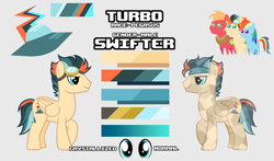 Size: 3122x1836 | Tagged: safe, big macintosh, rainbow dash, oc, oc:turbo swifter, crystal pony, pegasus, pony, g4, clothes, color palette, cutie mark, goggles, headband, male, reference sheet, simple background, size chart, size comparison, stallion, wide eyes