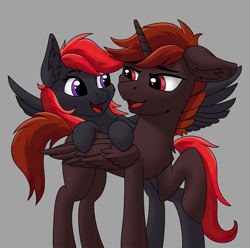 Size: 2756x2732 | Tagged: safe, artist:fess, oc, oc only, oc:hardy, oc:rosetta hask, alicorn, pegasus, pony, alicorn oc, duo, duo male and female, ear fluff, eye contact, female, floppy ears, folded wings, gray background, high res, hooves, horn, lidded eyes, looking at each other, looking at someone, looking back, male, mare, oc x oc, open mouth, open smile, pegasus oc, raised hoof, shipping, simple background, smiling, stallion, tail, wings