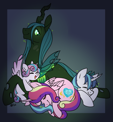 Size: 1747x1891 | Tagged: safe, artist:/d/non, princess cadance, princess flurry heart, queen chrysalis, shining armor, alicorn, changeling, changeling queen, pony, canterlot wedding 10th anniversary, g4, bisexual, curled up, female, folded wings, heart, infidelity, lesbian, male, polyamory, ship:cadalis, ship:chrysarmordance, ship:shining chrysalis, ship:shiningcadance, shipping, sleeping, smiling, straight, wings