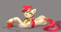 Size: 3000x1600 | Tagged: safe, artist:draco zero, roseluck, earth pony, pony, g4, behaving like a cat, bell, bell collar, collar, commission, commissioner:doom9454, cute, female, green eyes, mare, pony pet, rosepet, solo, spine, unshorn fetlocks, yarn, yarn ball