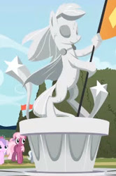 Size: 230x346 | Tagged: safe, screencap, cheerilee, diamond tiara, silver spoon, sweetie belle, earth pony, pony, unicorn, g4, season 2, the return of harmony, canterlot sculpture garden, female, filly, flag, foal, mare, smiling, stars, statue, victory statue, youtube link