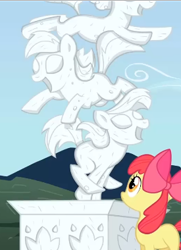 Size: 275x380 | Tagged: safe, screencap, apple bloom, earth pony, pony, g4, season 2, the return of harmony, bow, canterlot sculpture garden, female, filly, foal, friendship statue, hair bow, mare, smiling, statue, youtube link