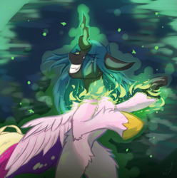 Size: 1283x1293 | Tagged: safe, artist:nighty, derpibooru exclusive, princess cadance, queen chrysalis, alicorn, changeling, pony, canterlot wedding 10th anniversary, g4, abstract background, bipedal, concave belly, disguise, disguised changeling, evil, fake cadance, female, fire, floppy ears, fluffy, grin, hoof shoes, horn, jewelry, magic, princess shoes, regalia, shapeshifting, slender, smiling, solo, spread wings, thin, transformation, wings