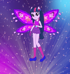 Size: 1297x1376 | Tagged: safe, artist:ketrin29, artist:user15432, twilight sparkle, fairy, human, equestria girls, g4, alternate hairstyle, barely eqg related, base used, believix, belt, clothes, crossover, element of magic, fairy wings, fairyized, gloves, gradient background, looking at you, ponied up, purple wings, shoes, socks, solo, sparkly background, sparkly wings, twilight sparkle (alicorn), wings, winx, winx club, winxified