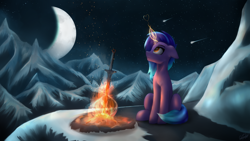Size: 7680x4320 | Tagged: safe, artist:cmdrtempest, oc, oc:starlet soul, pony, unicorn, cloud, cute, epic, fantasy class, fire, happy, heart, ice, looking up, magic, male, moon, mountain, neon, night, rock, shadow, sitting, smoke, snow, solo, stars, sword, war, warrior, weapon