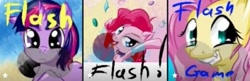 Size: 991x321 | Tagged: safe, artist:snus-kun, fluttershy, pinkie pie, twilight sparkle, earth pony, pegasus, pony, unicorn, g4, fangs, female, flash game, frown, horn, mare, party, smiling, tongue out, unicorn twilight