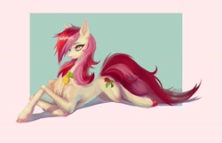 Size: 2560x1646 | Tagged: safe, artist:satan, roseluck, earth pony, pony, g4, chest fluff, collar, commission, commissioner:doom9454, concave belly, cute, female, fluffy, full body, long tail, lying down, mare, passepartout, pet tag, pony pet, prone, rosepet, skinny, slender, solo, tail, thin