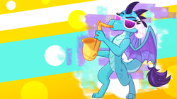 Size: 1280x720 | Tagged: safe, artist:lbrcloud, princess ember, dragon, g4, abstract background, female, musical instrument, playing instrument, saxophone, solo, sunglasses