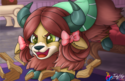 Size: 1224x792 | Tagged: safe, artist:inkkeystudios, yona, yak, g4, bow, cloven hooves, female, hair bow, indoors, monkey swings, open mouth, open smile, signature, smashing, smiling, solo, wood