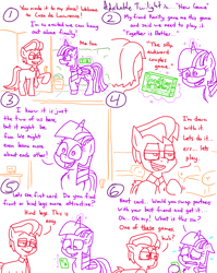 Size: 4779x6013 | Tagged: safe, artist:adorkabletwilightandfriends, twilight sparkle, oc, oc:lawrence, alicorn, earth pony, pony, comic:adorkable twilight and friends, g4, adorkable, adorkable twilight, awkward, back of head, box, card game, cardboard box, comic, confident, cute, date, door, dork, friendship, glasses, glowing, glowing horn, happy, horn, house, magic, nervous, question, slice of life, sweat, sweating profusely, telekinesis, twilight sparkle (alicorn)