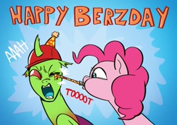 Size: 1169x827 | Tagged: safe, artist:doublewbrothers, pinkie pie, oc, oc:berzie, changedling, changeling, earth pony, pony, g4, birthday gift art, changedling oc, changeling oc, gift art, happy birthday, hat, one eye closed, open mouth, party hat, party horn, pinkie being pinkie