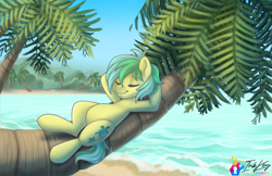 Size: 1224x792 | Tagged: safe, artist:inkkeystudios, sandbar, earth pony, pony, g4, beach, belly, eyes closed, hooves behind head, male, ocean, palm tree, reclining, relaxing, signature, smiling, solo, stallion, tree, tropical, tropical island, water