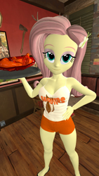 Size: 900x1600 | Tagged: safe, artist:oatmeal!, fluttershy, equestria girls, 3d, breasts, busty fluttershy, chicken meat, clothes, food, fried chicken, gmod, hand on hip, hooters, looking at you, meat, plate, platter, restaurant, sexy, shorts, solo, spread legs, spreading, tanktop, waitress, wide hips