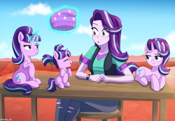 Size: 1050x722 | Tagged: safe, artist:riouku, starlight glimmer, human, pony, unicorn, equestria girls, g4, :o, album cover, album parody, amazed, beanie, breasts, chair, clothes, commission, cute, eye clipping through hair, eyebrows, eyebrows visible through hair, eyes closed, female, filly, filly starlight glimmer, frown, glimmerbetes, glowing, glowing horn, happy, hat, horn, human ponidox, jeans, lying down, magic, magic aura, mare, multeity, muse, open mouth, open smile, pants, prone, raised eyebrow, ripped jeans, ripped pants, s5 starlight, self paradox, self ponidox, shirt, signature, sitting, sky, smiling, solo, starlight cluster, t-shirt, table, telekinesis, time paradox, torn clothes, unamused, vest, wall of tags, watch, wristwatch, younger