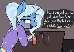 Size: 2442x1731 | Tagged: safe, artist:pinkberry, gameloft, trixie, pony, unicorn, g4, alcohol, alternate hairstyle, babysitter trixie, bar, blushing, brown background, clothes, cocktail, colored, colored sketch, dialogue, drink, drunk, drunk bubbles, eyebrows, eyebrows visible through hair, female, gameloft interpretation, go home you're drunk, high res, hoodie, irresponsible, mare, open mouth, open smile, pigtails, sex on the beach (drink), signature, simple background, sketch, smiling, solo, text