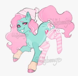 Size: 1080x1053 | Tagged: safe, artist:lellyberry33, minty, earth pony, pony, g3, alternate cutie mark, candy, clothes, colored hooves, ear piercing, earring, food, green coat, hat, jewelry, leg warmers, long mane, peppermint, piercing, pink eyes, pink mane, pom pom, signature, simple background, socks, solo, stockings, striped socks, that pony sure does love socks, thigh highs, watermark, wavy mane, white background, winter hat, winter outfit