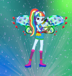 Size: 1297x1376 | Tagged: safe, artist:ketrin29, artist:user15432, rainbow dash, fairy, human, equestria girls, g4, alternate hairstyle, barely eqg related, base used, believix, belt, boots, clothes, colored wings, crossover, element of loyalty, fairy wings, fairyized, gradient background, gradient wings, hand on arm, high heel boots, high heels, looking at you, multicolored wings, ponied up, ponytail, rainbow wings, shoes, socks, solo, sparkly background, sparkly wings, wings, winx, winx club, winxified