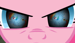 Size: 665x380 | Tagged: safe, edit, edited screencap, screencap, pinkie pie, rainbow dash, earth pony, pegasus, pony, g4, party of one, season 1, sonic rainboom (episode), angry, eye reflection, female, fetal position, frown, implied cupcakes, mare, reflection, scared, stare, wings