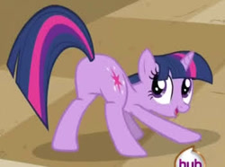 Size: 351x261 | Tagged: safe, screencap, twilight sparkle, pony, unicorn, a canterlot wedding, g4, season 2, butt, cropped, face down ass up, female, hub logo, logo, looking back, mare, open mouth, open smile, plot, smiling, sunshine sunshine, the hub, twibutt, unicorn twilight