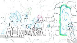 Size: 1280x720 | Tagged: safe, artist:ekholunalis, queen chrysalis, tempest shadow, oc, oc:glyptria, oc:licoris, changeling, changeling queen, pony, unicorn, canterlot wedding 10th anniversary, g4, aunt, female, hive, levitation, magic, mare, mommy chrissy, mother and child, mother and daughter, offspring, parent:queen chrysalis, portal, simple background, sketch, telekinesis