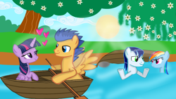 Size: 3860x2171 | Tagged: safe, artist:mlplary6, flash sentry, rainbow dash, soarin', twilight sparkle, alicorn, pegasus, pony, g4, angry, boat, boyfriend and girlfriend, female, friends, heart, high res, looking at each other, looking at someone, male, mare, river, ship:flashlight, ship:soarindash, shipping, smiling, smiling at each other, stallion, straight, sun, tree, twilight sparkle (alicorn), water