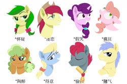 Size: 1664x1108 | Tagged: safe, artist:luansh, apple brown betty, apple cider (g4), apple fritter, apple split, bright mac, pink lady, red delicious, sugar belle, earth pony, pony, unicorn, g4, apple family member, chinese, female, male, mare, simple background, stallion, white background