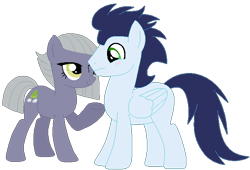 Size: 670x456 | Tagged: safe, artist:jadeharmony, artist:painterede, artist:selenaede, limestone pie, soarin', earth pony, pegasus, pony, g4, base used, blushing, duo, duo male and female, female, frown, limin', looking at each other, looking at someone, male, mare, one eye closed, raised hoof, shipping, simple background, smiling, stallion, straight, transparent background, wink