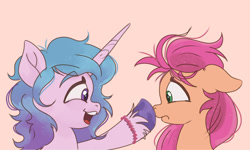 Size: 1412x850 | Tagged: safe, artist:nedemai, izzy moonbow, sunny starscout, earth pony, pony, unicorn, g5, boop, bracelet, cute, duo, female, floppy ears, happy, izzybetes, jewelry, mare, open mouth, open smile, smiling, unsure