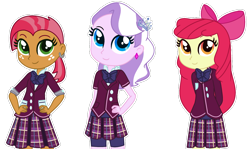 Size: 1920x1146 | Tagged: safe, artist:yaya54320, apple bloom, babs seed, diamond tiara, human, equestria girls, g4, apple bloom's bow, blue eyes, bow, clothes, clothes swap, crystal prep academy, crystal prep academy uniform, crystal prep shadowbolts, ear piercing, earring, female, green eyes, hair bow, hand on hip, hands behind back, jacket, jewelry, long sleeves, orange eyes, piercing, pink hair, pink skin, red hair, rolled up sleeves, school uniform, shirt, short sleeves, shorts, shorts under skirt, simple background, skirt, smiling, transparent background, trio, trio female, yellow skin