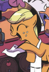 Size: 366x535 | Tagged: safe, artist:andypriceart, edit, applejack, earth pony, pony, g4, idw, spoiler:comic, spoiler:comicm03, apple, applejack's hat, apron, bartender, cloth, clothes, cowboy hat, cropped, eyes closed, female, food, freckles, hat, mare, open mouth, smiling