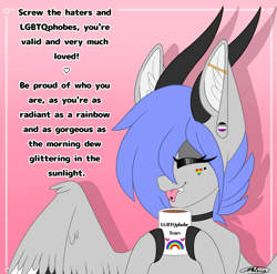Size: 1367x1349 | Tagged: safe, artist:melodytheartpony, oc, oc:melody silver, dracony, dragon, hybrid, :p, asexual, asexual artist, choker, fangs, female, happy, horns, lgbtq, mug, piercing, pride, pride month, rainbow, signature, smiling, solo, text, tongue out